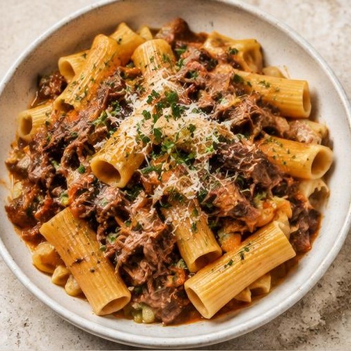 Illustrative Rigatoni alla Genovese con Manzo